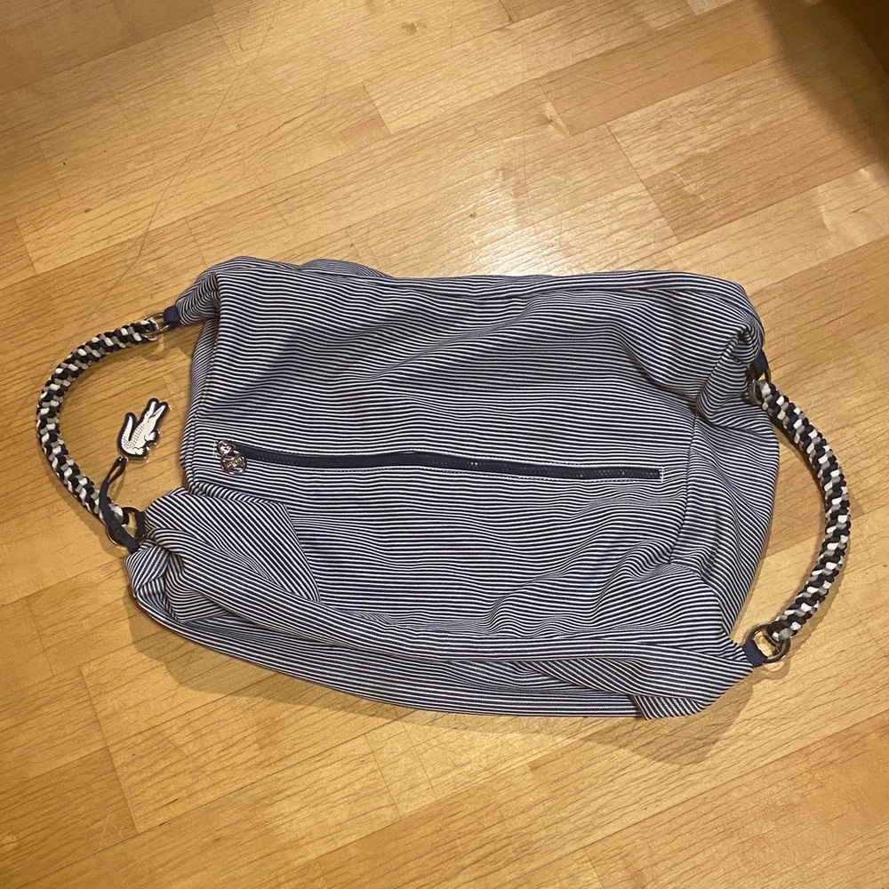 Lacoste Navy and White Striped Slouch / Gym Bag